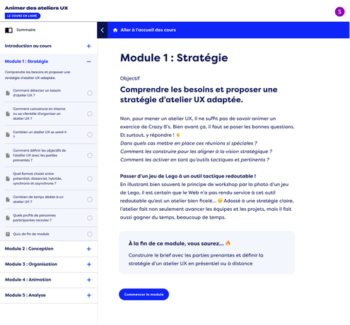Capture d'écran de l'interface de cours en ligne sur l'animation et la facilitation d'ateliers UX montrant une introduction de module
