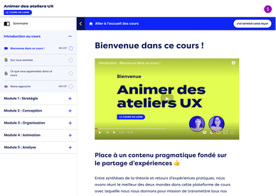 Capture d'écran de l'interface de cours en ligne sur l'animation et la facilitation d'ateliers UX montrant un extrait vidéo