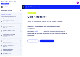 Capture d'écran de l'interface de cours en ligne sur l'animation et la facilitation d'ateliers UX montrant un extrait de quiz