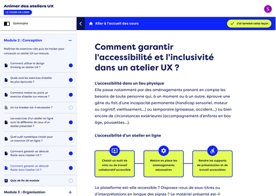 Capture d'écran de l'interface de cours en ligne sur l'animation et la facilitation d'ateliers UX montrant un extrait du module sur l'inclusivité